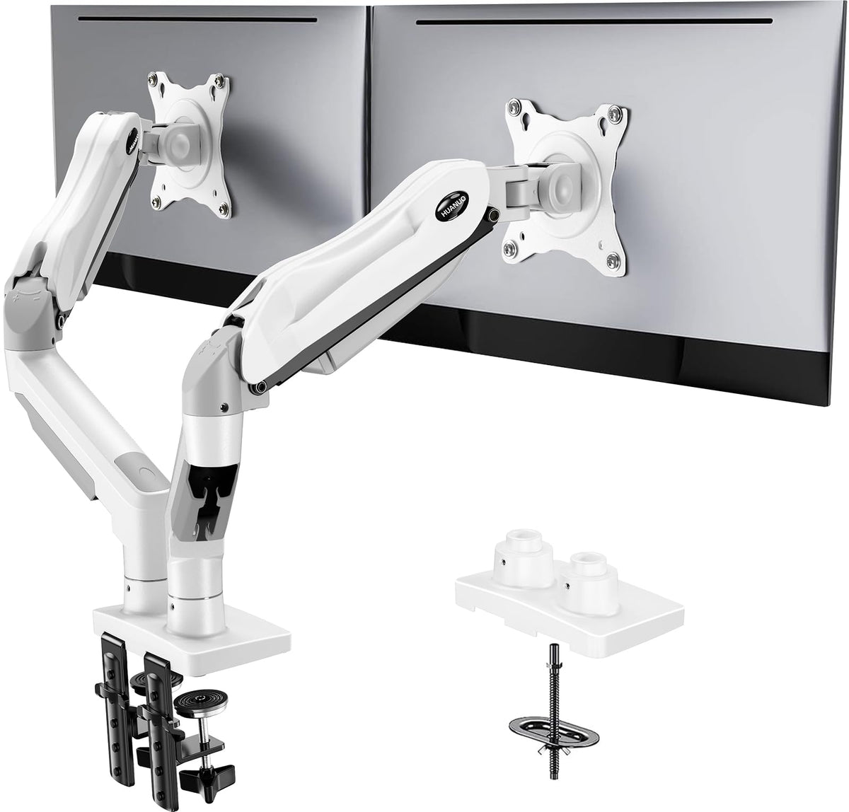 HUANUO FlowLift™ Dual Monitor Stand, Fully Adjustable Gaming Monitor Desk Mount for 13–32″ Computer Screens, Full Motion VESA 75x75/100x100 with C-Clamp & Grommet Base, Each Arm Holds 4.4 to 19.8 lbs