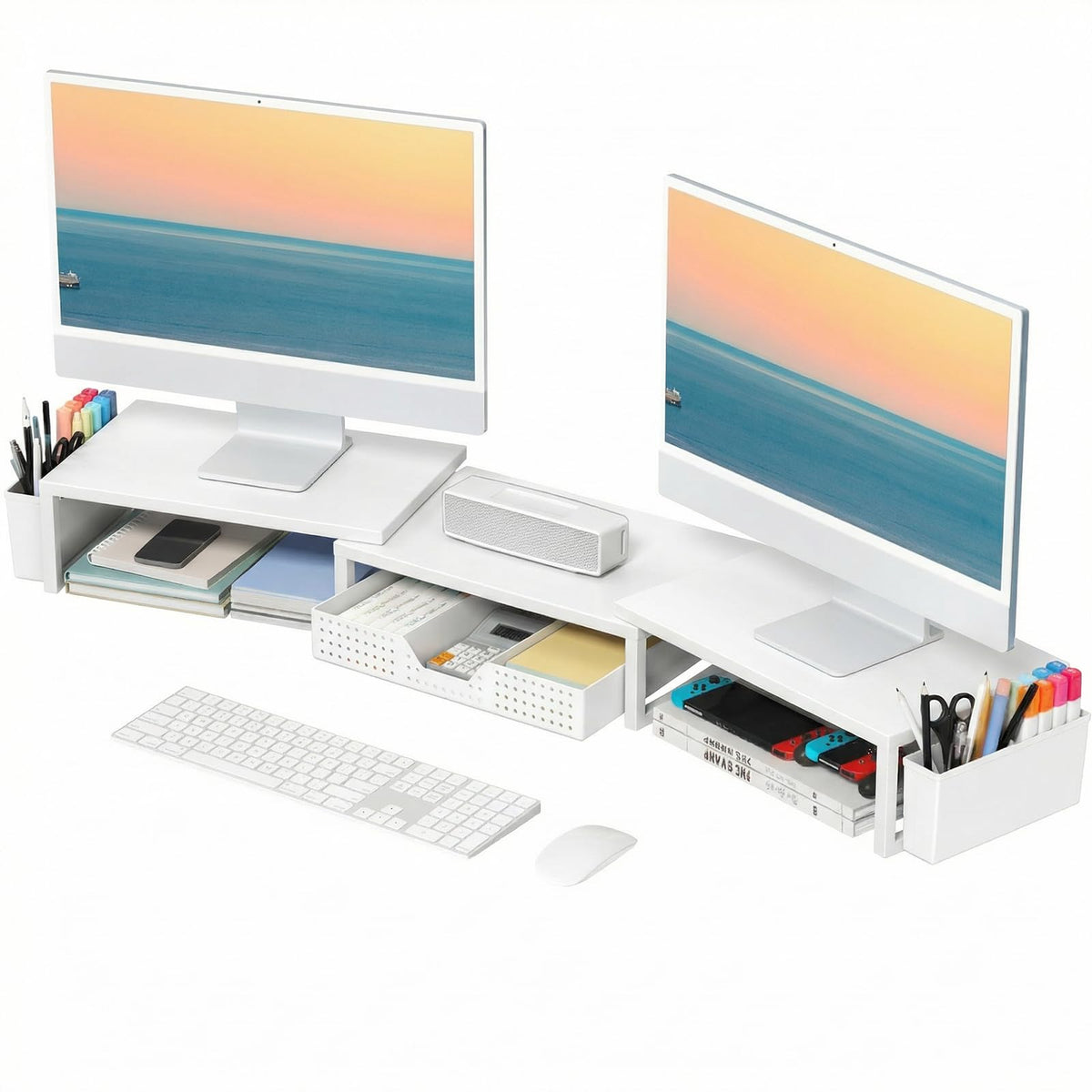 OPNICE Desk Organizers and Accessories, Dual Monitor Stand Riser with Drawer and 2 Pen Holders, Desk Shelf Computer Racks & Printer Stand for Office Workspace Organizers, Desktop Organization (Black)