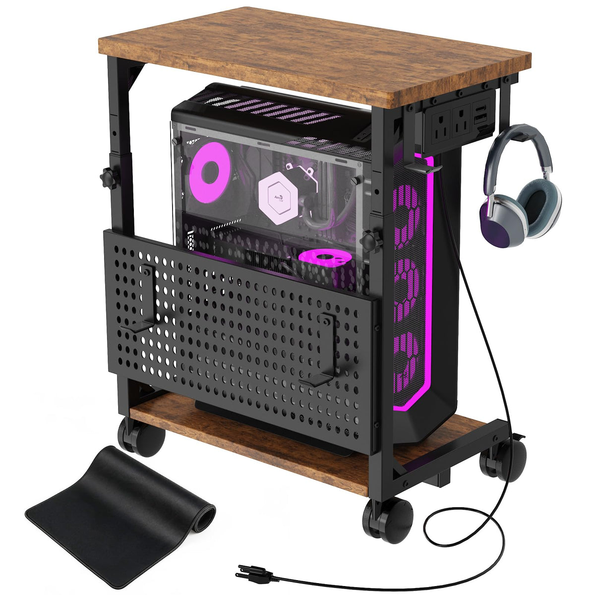 Adjustable Computer Tower Stand with Charging Station & Pegboard,Brown