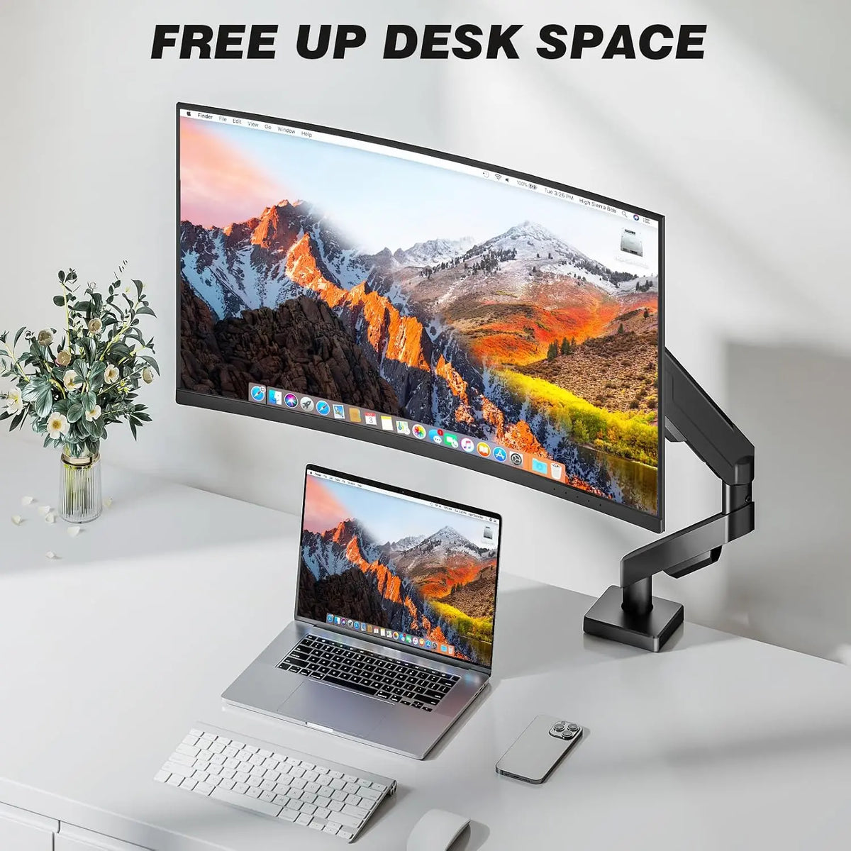 Classic Alloy Steel Adjustable Single Monitor Arm Desk Mount - Full Motion Ergonomic VESA Screen Bracket for Gaming Setup, Home Office, Holds Screens Up to 35 in, C-Clamp Grommet Dual Base with Hidden Cable Organizer