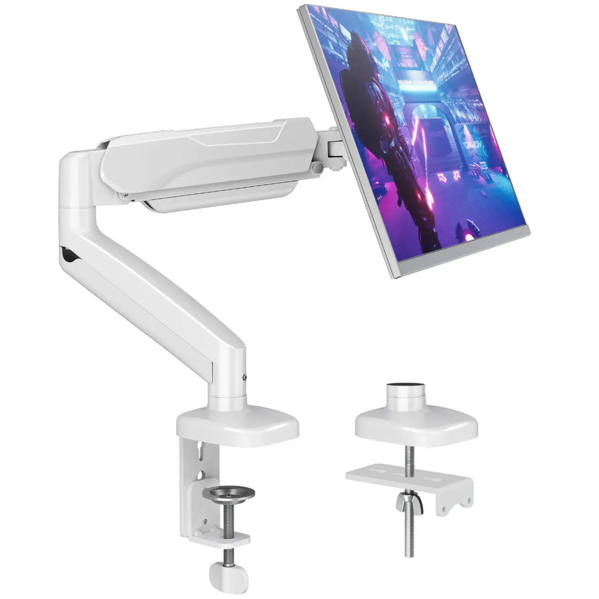 Plastic Single Monitor Arm - Adjustable Gas Spring Holder Desk Setup Accessory, Office Furniture Tabletop Display Stand for 13"-32" Screens, White/Black, Display Stands