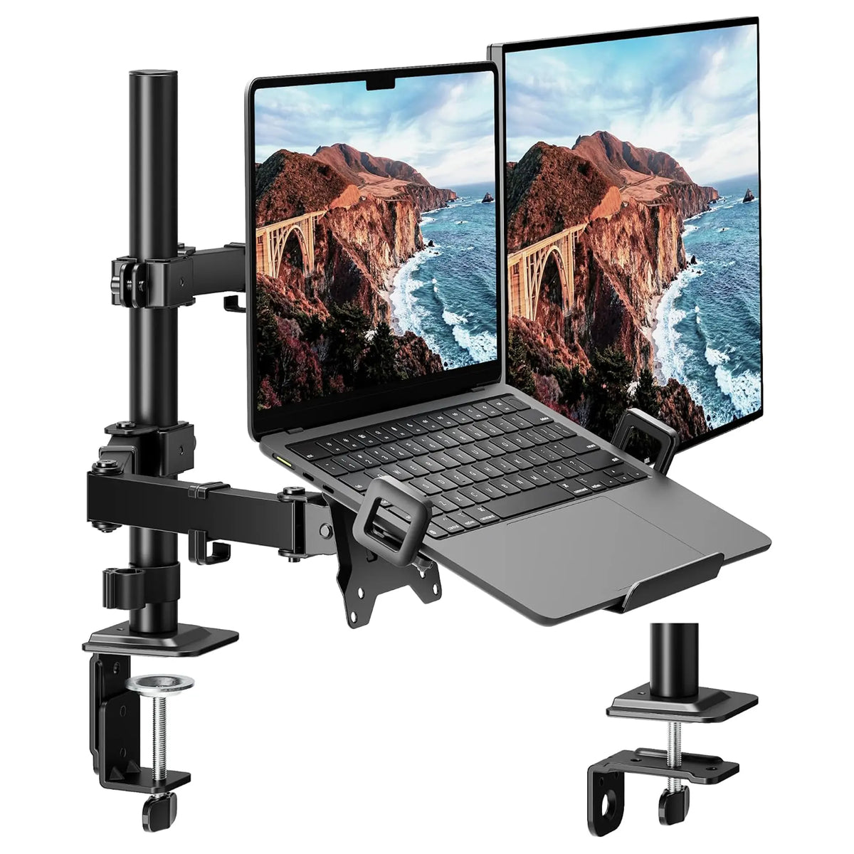 monTEK Single/Dual Monitor Stand for 17-32" Screens, 22 lbs Single-screen desk mount, height adjustment, tilt, swivel, rotation, clamp/grommet bases and VESA 75/100