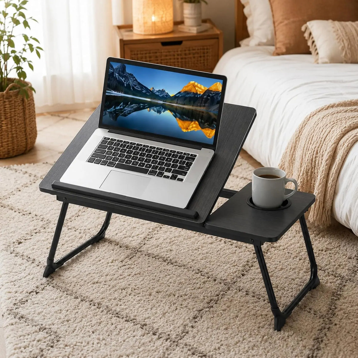 Adjustable Laptop Desk for Bed, Split Top with Cup Holder, Black
