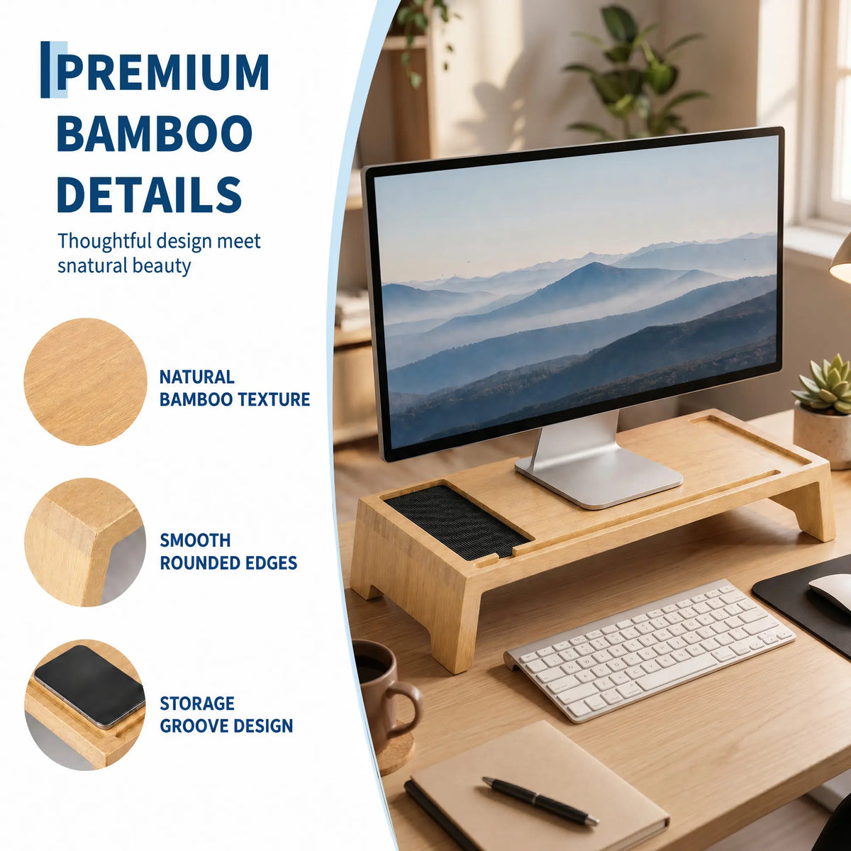 Bamboo Monitor Stand Riser, 22 Inch Desktop Shelf for Monitor/Laptop - Solid Wood Desk Shelf & Workspace Organizer