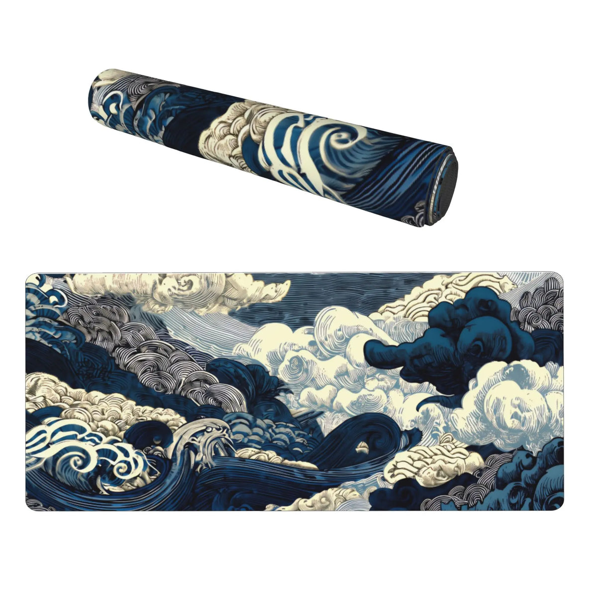 Large Gaming Mouse Pad - Ukiyo-E Blue and White Wave Cloud Print, Non-Slip Washable Rubber Base, Waterproof Top, Desk Mat for Gamers, Gaming Accessories, PC Accessory