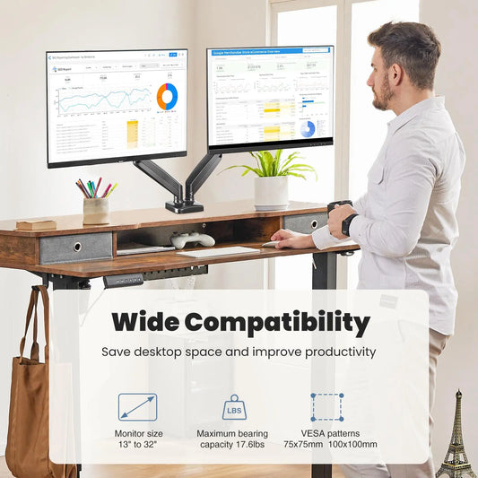 Dual Monitor Gas Spring Extendable Arm Stand - Metal Blend Clamp & Grommet Base, Full Motion Adjustable Desk Mount Supports 13"-32" Screens Up to 17.6 lbs Each, 360° Rotation, Tilt, Swivel, VESA 75x75/100x100mm