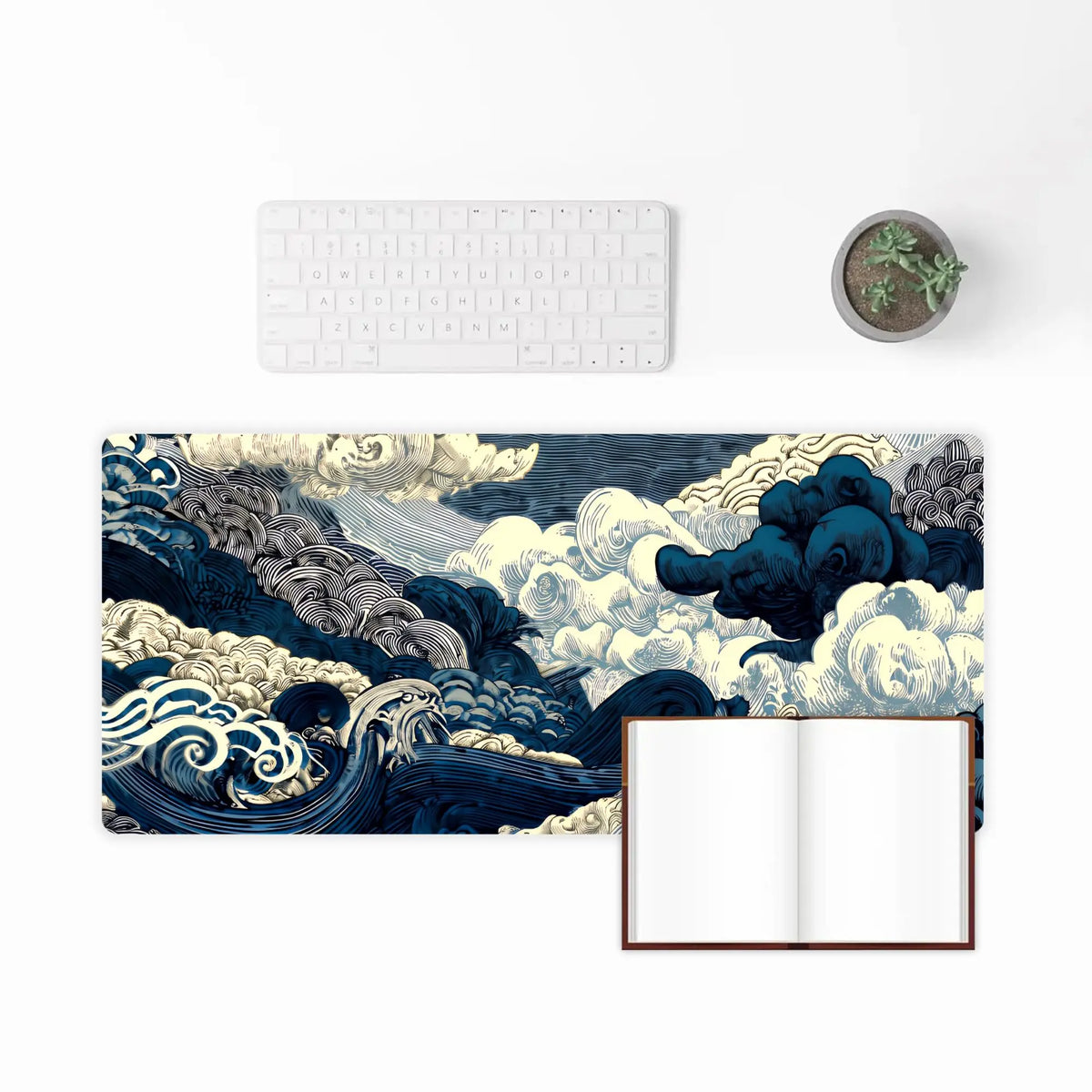 Large Gaming Mouse Pad - Ukiyo-E Blue and White Wave Cloud Print, Non-Slip Washable Rubber Base, Waterproof Top, Desk Mat for Gamers, Gaming Accessories, PC Accessory