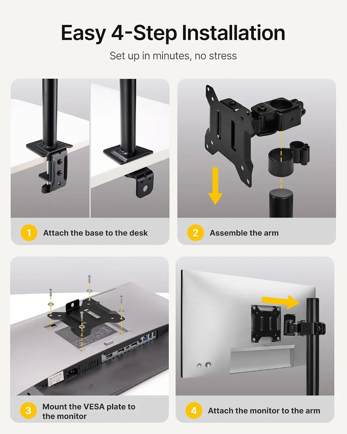 monTEK Single/Dual Monitor Stand for 17-32" Screens, 22 lbs Single-screen desk mount, height adjustment, tilt, swivel, rotation, clamp/grommet bases and VESA 75/100