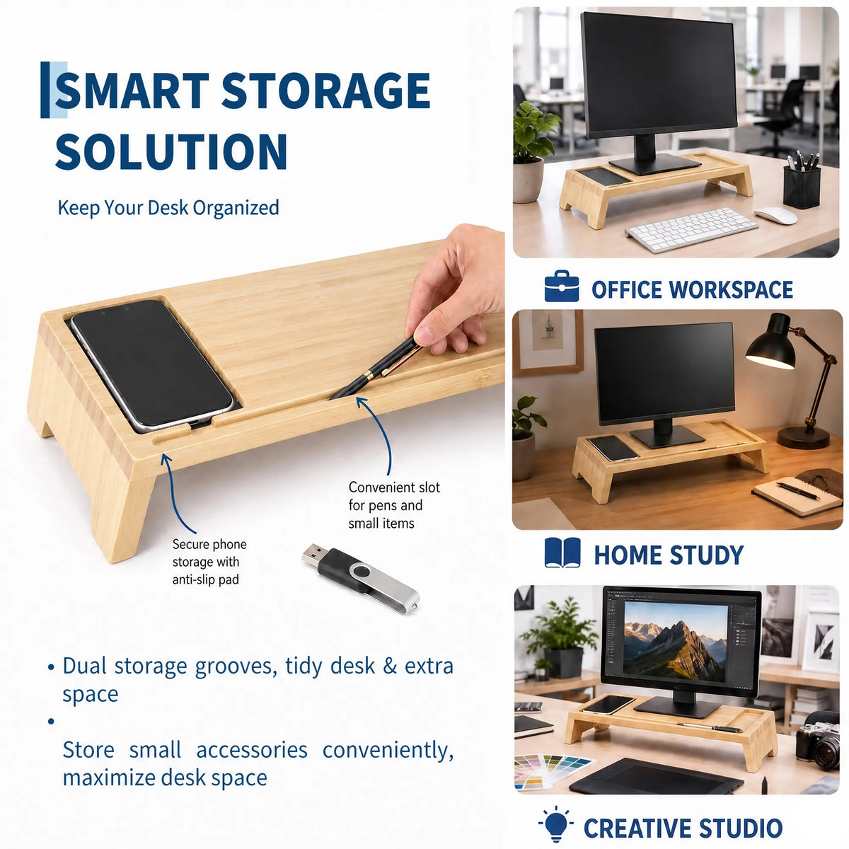 Bamboo Monitor Stand Riser, 22 Inch Desktop Shelf for Monitor/Laptop - Solid Wood Desk Shelf & Workspace Organizer