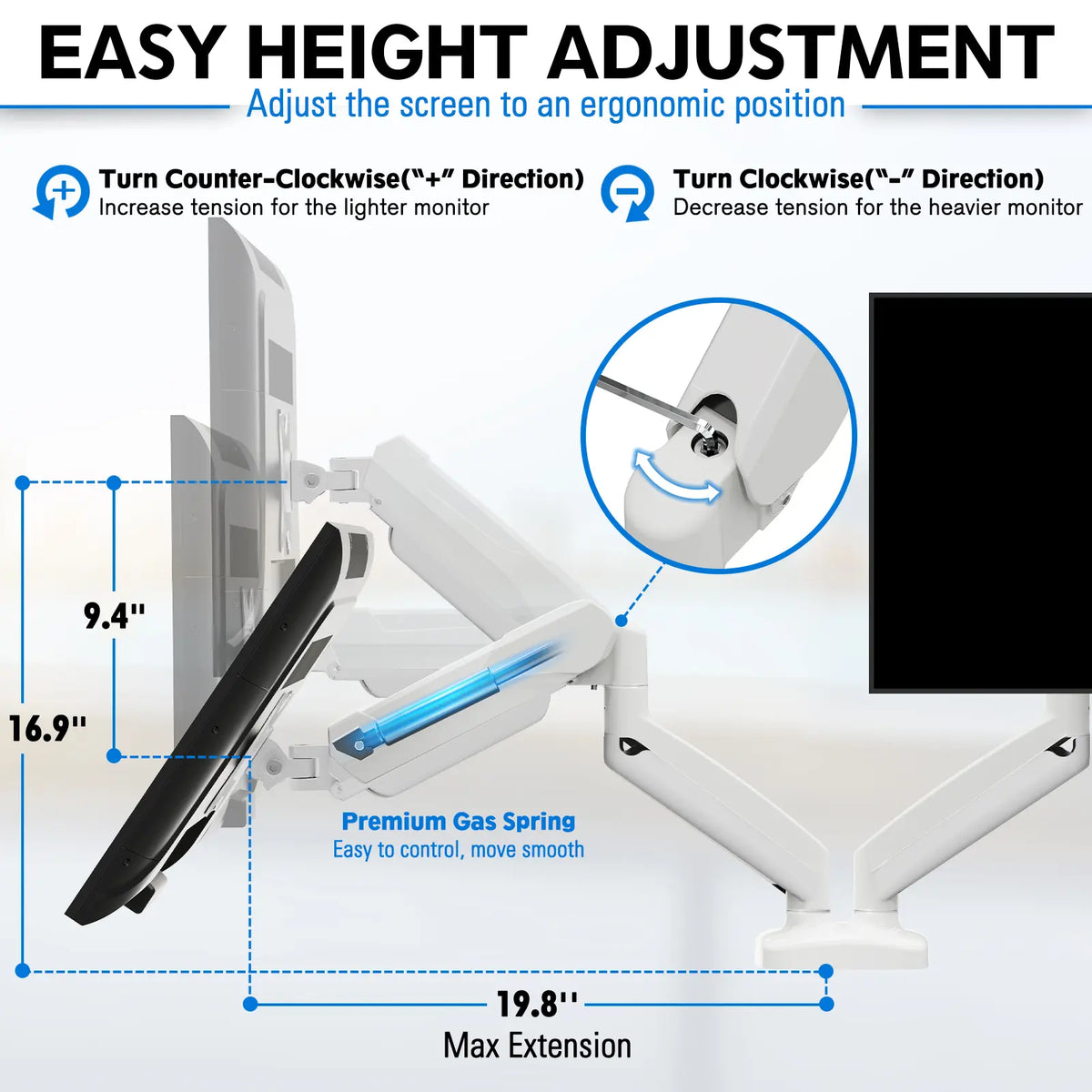 Single & Dual Monitor Desk Mount | Height Adjustable | C-Clamp & Grommet Base | White