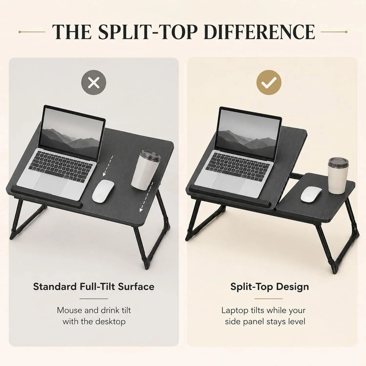 Adjustable Laptop Desk for Bed, Split Top with Cup Holder, Black