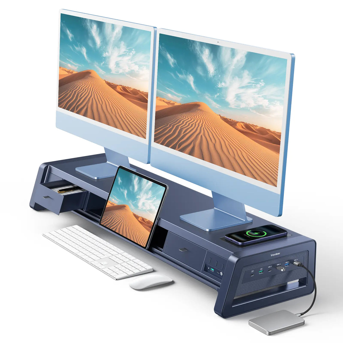 Vaydeer Metal Dual Monitor Stand Riser - 110lb Capacity Monitor Mount with 8 USB Ports, Wireless Charge Pad, 2 Storage Drawers, Desk Organizer, Ergonomic Durability, LED Lighting for Office Setup, PC Accessories, Desk Accessories
