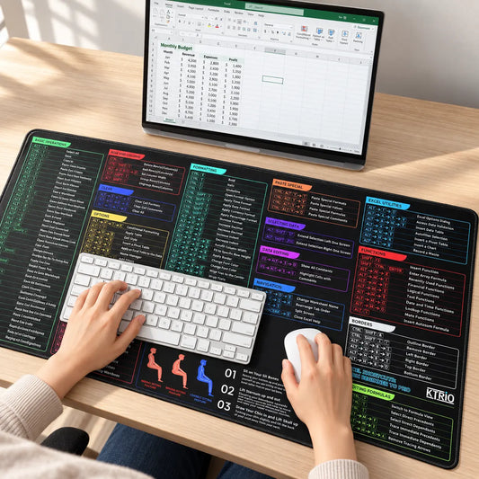 KTRIO Excel Shortcuts Mouse Pad, Large Gaming Mouse Pad and Cheat Sheet Desk Mat for Keyboard and Mouse, Extended Office Mousepad with Non-Slip Rubber Base, Water-Resistant Surface and Stitched Edges,sohochic