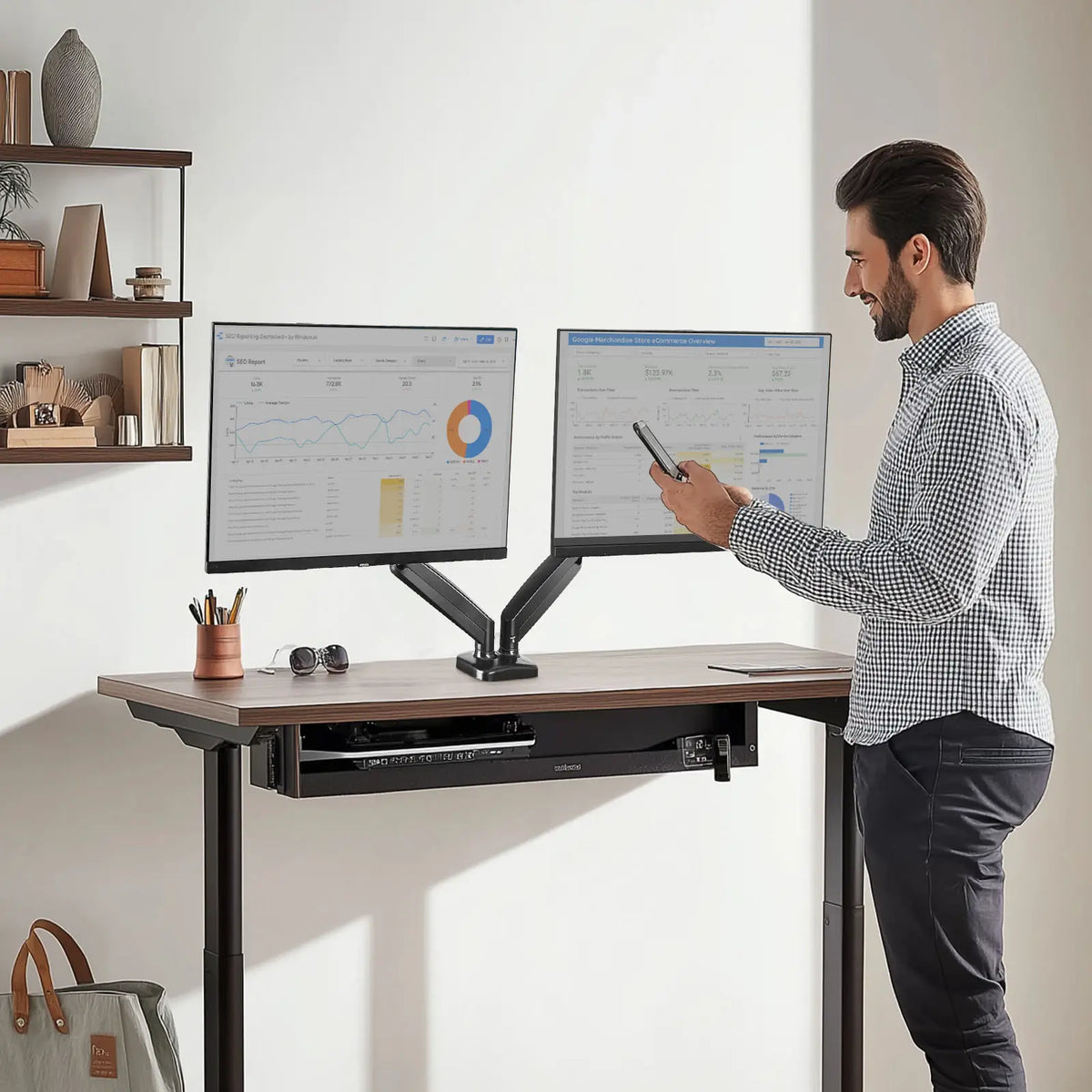 Sweetcrispy Sturdy Aluminum Alloy Gas Spring Monitor Arm Desk Mount - Ergonomic Office Computer Monitor Stand Riser, 15-27 Inch Ultra Wide Fit, 20.5in Reach, Clamp/Tension/Push-in (Grommet) Mount, Swivel, 90°/-85° Tilt, Neck & Back Strain Reducer