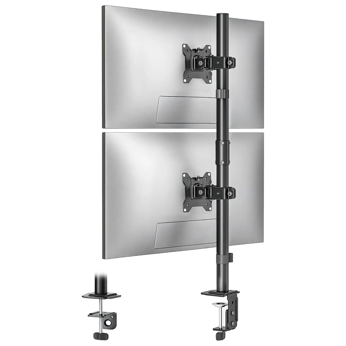 monTEK Single/Dual Monitor Stand for 17-32" Screens, 22 lbs Single-screen desk mount, height adjustment, tilt, swivel, rotation, clamp/grommet bases and VESA 75/100