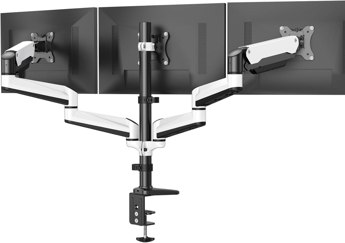 HUANUO Triple Monitor Mount for 17 to 32 inch Screens, Adjustment Gaming Triple Monitor Stand with Swivel, Tilt, Rotation, Clamp & Grommet Kit