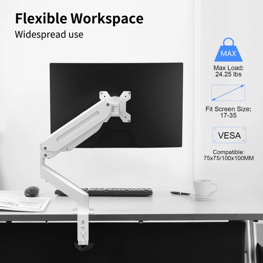 SUPTEK Single Gas Spring Monitor Arm, Modern Computer Desk Mount with 18.7" Max Height, Swivel & C-Clamp, Heavy Duty Holder for 17-35 in Screens Up to 22 lbs, Assembly Required, Improving Posture for Professional Workstations, Monitor Arms