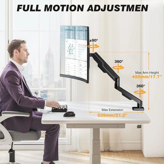 Classic Alloy Steel Adjustable Single Monitor Arm Desk Mount - Full Motion Ergonomic VESA Screen Bracket for Gaming Setup, Home Office, Holds Screens Up to 35 in, C-Clamp Grommet Dual Base with Hidden Cable Organizer