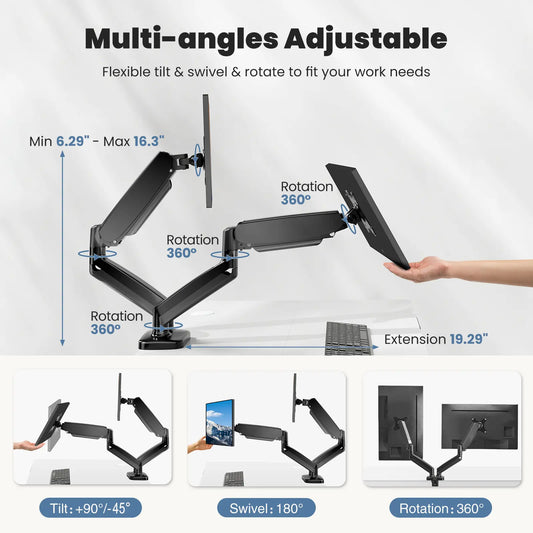 Sweetcrispy Ergonomic Office Desk Furniture Monitor Holder - Sturdy Single Fully Adjustable Gas Spring Arm, Easy-Install, Fits 13-32 Inch Ultra Wide Screens, Dual Monitor Stand Compatible Option