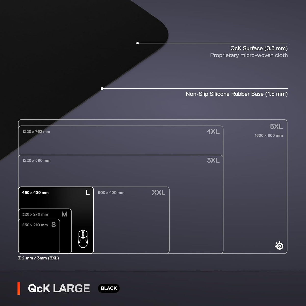 SteelSeries QcK Large Gaming Mousepad — Black — Non-Slip Silicone Rubber Base — Peak Tracking and Stability — Optimized for Gaming Sensors — 490 mm x 420 mm — FPS, MOBAs, RTS, MMO