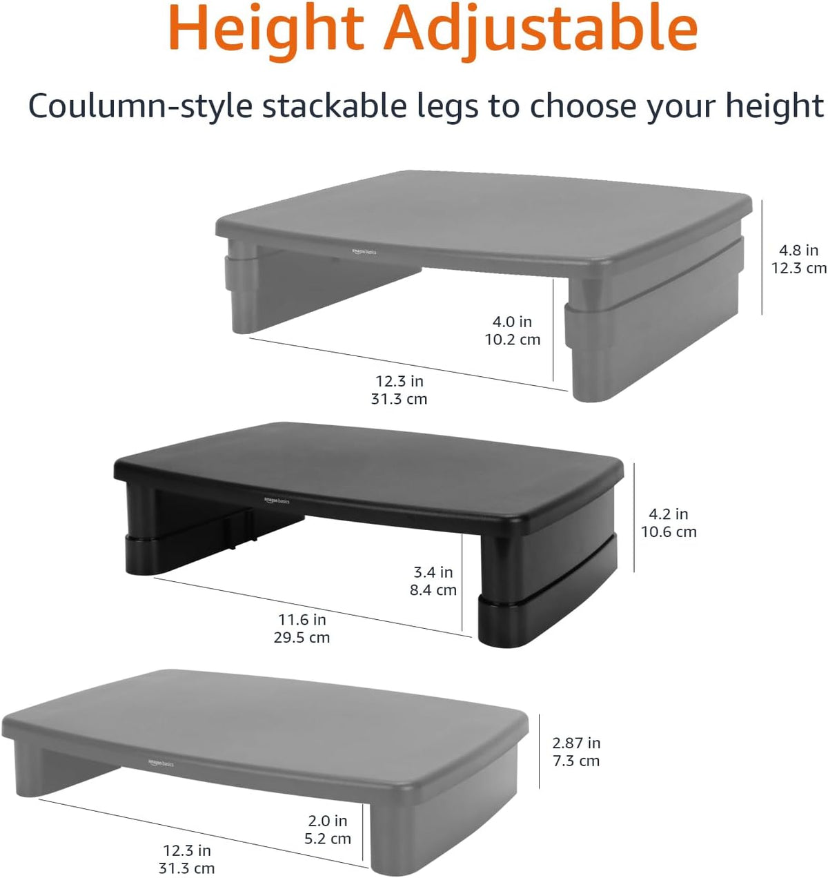 Amazon Basics Height Adjustable Monitor Stand Riser with Storage Organizer, 3-Level Stackable Design, Durable ABS Plastic, Supports up to 22lbs, for Monitors & Laptops, Black