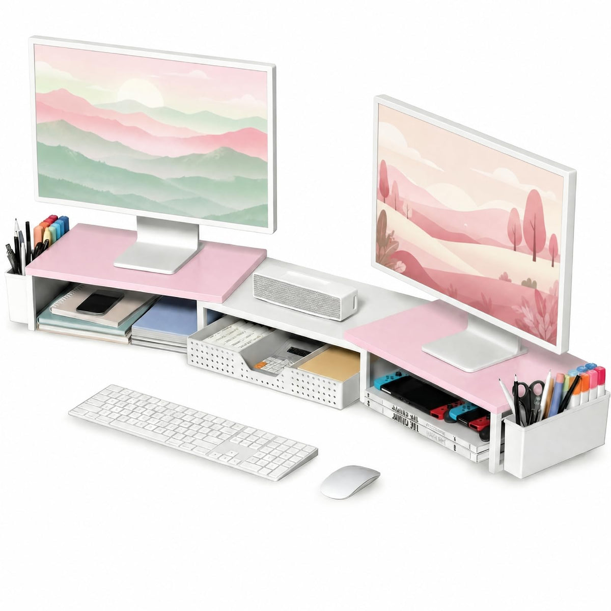 OPNICE Desk Organizers and Accessories, Dual Monitor Stand Riser with Drawer and 2 Pen Holders, Desk Shelf Computer Racks & Printer Stand for Office Workspace Organizers, Desktop Organization (Black)