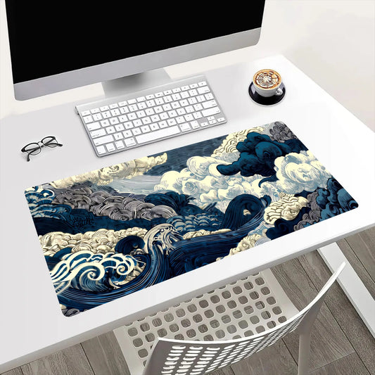Large Gaming Mouse Pad - Ukiyo-E Blue and White Wave Cloud Print, Non-Slip Washable Rubber Base, Waterproof Top, Desk Mat for Gamers, Gaming Accessories, PC Accessory