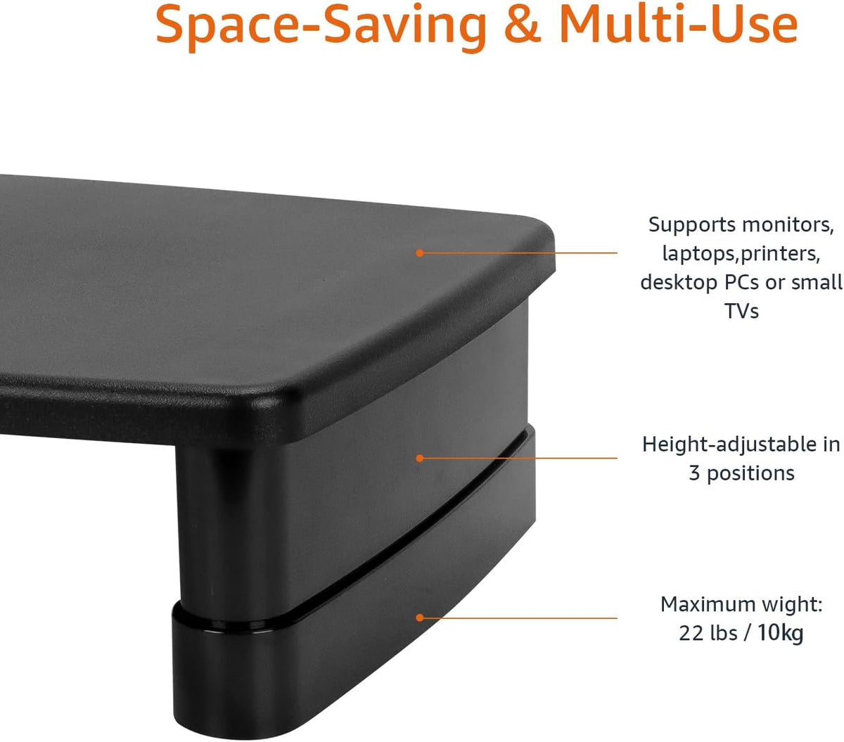 Amazon Basics Height Adjustable Monitor Stand Riser with Storage Organizer, 3-Level Stackable Design, Durable ABS Plastic, Supports up to 22lbs, for Monitors & Laptops, Black