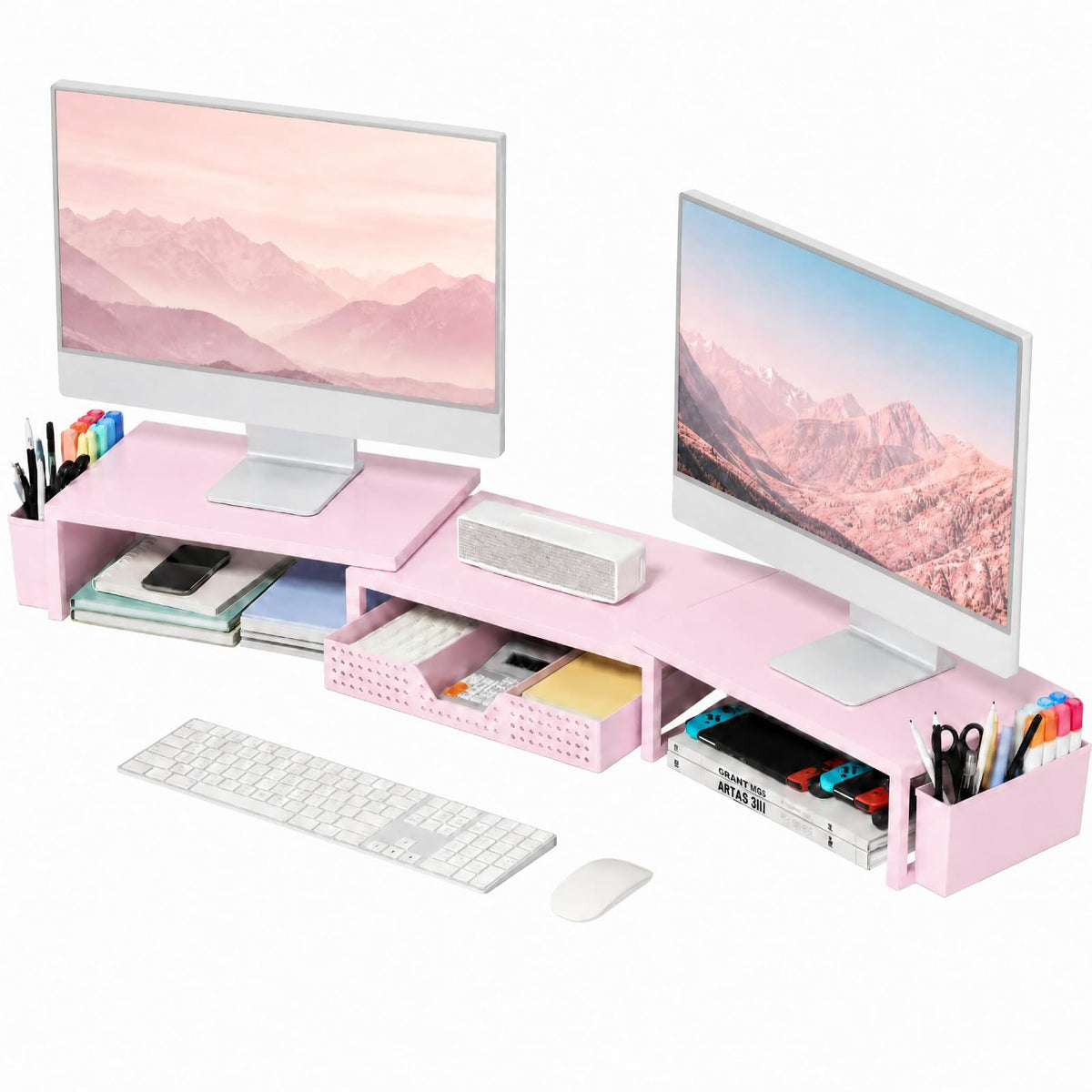 OPNICE Desk Organizers and Accessories, Dual Monitor Stand Riser with Drawer and 2 Pen Holders, Desk Shelf Computer Racks & Printer Stand for Office Workspace Organizers, Desktop Organization (Black)