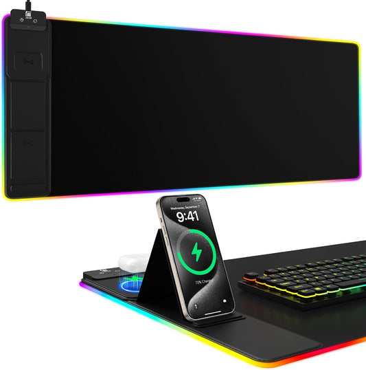 Wireless Charging RGB Mouse Pad with Phone Stand, Large Gaming Desk Mat
