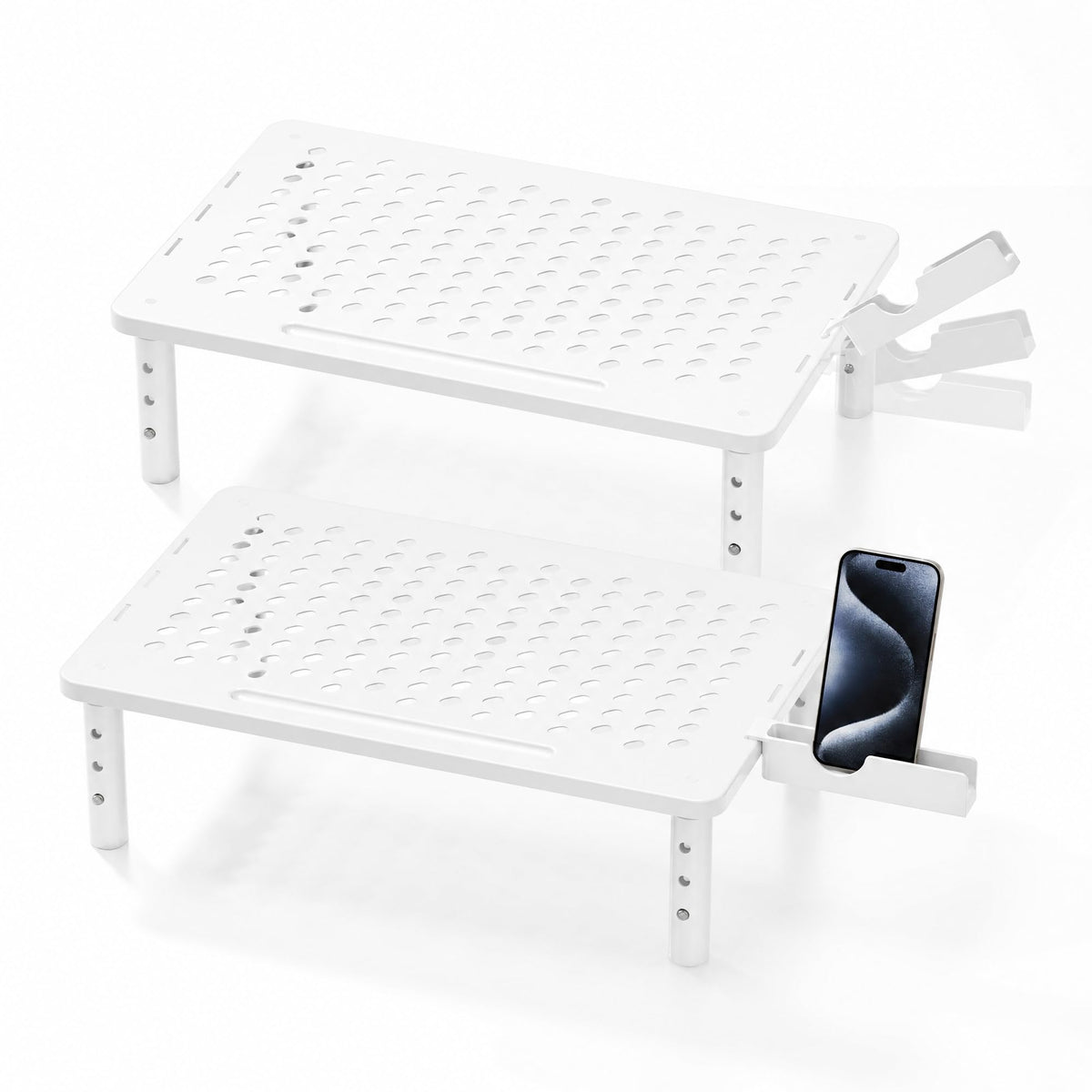 Computer Monitor Stand Riser for Desk, 3 Height Adjustable PC Laptop TV Desktop Monitor Stand Shelf, Metal Printer Table with Phone Holder, Stand Riser for Desk, Office Desk Organizers and Accessories, 2 Pack
