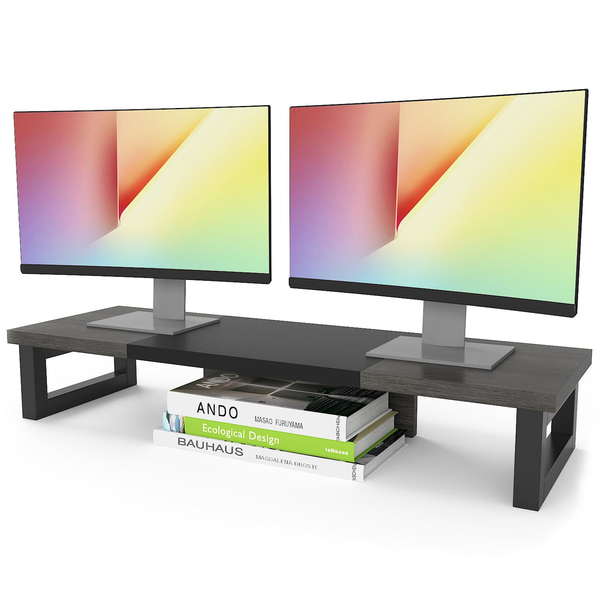 WESTREE Dual Monitor Stand Riser, Wood and Steel Multi-Purpose Desktop Storage Stand for 2 Monitors for Computer, Laptop, Printer, TV, Rustic Brown