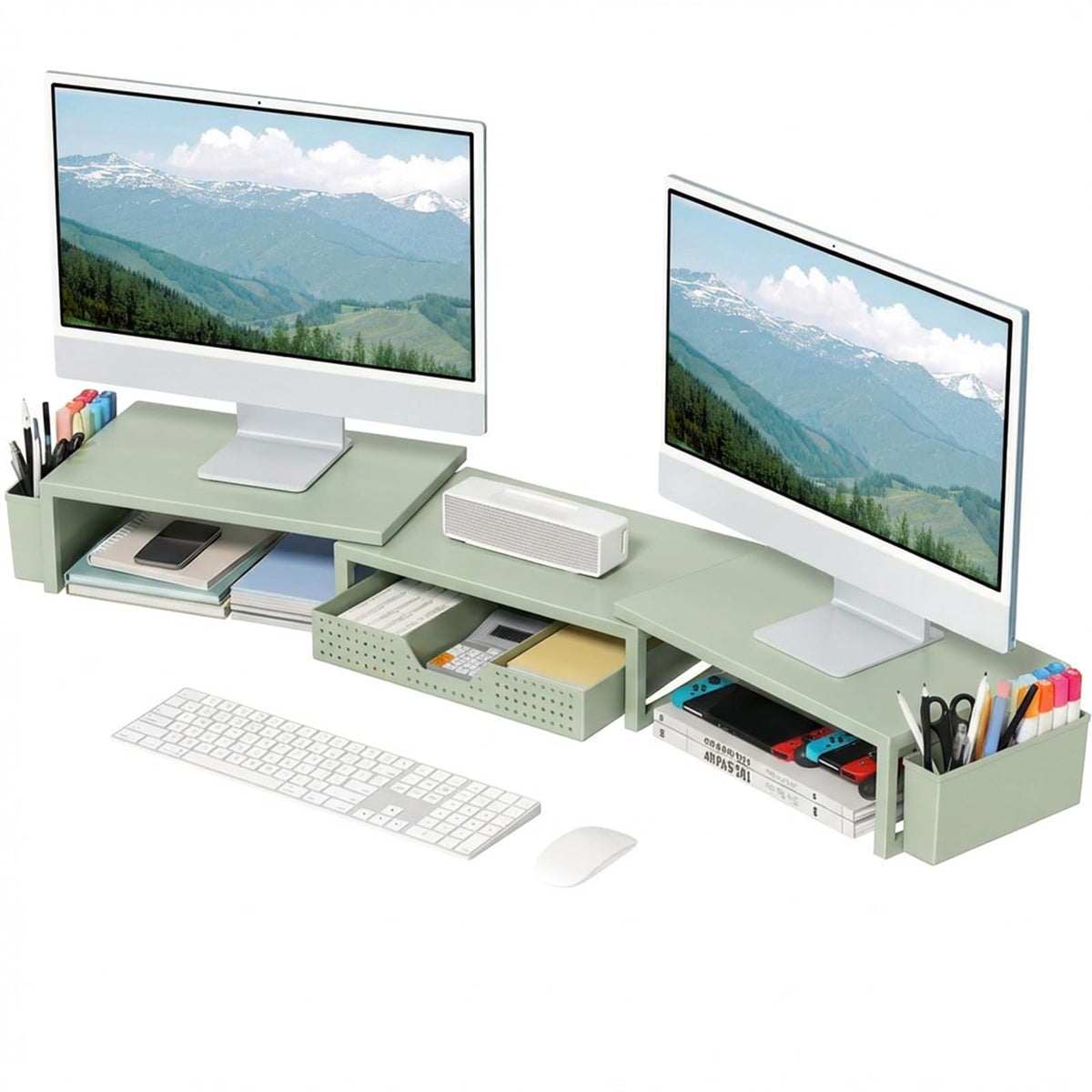 OPNICE Desk Organizers and Accessories, Dual Monitor Stand Riser with Drawer and 2 Pen Holders, Desk Shelf Computer Racks & Printer Stand for Office Workspace Organizers, Desktop Organization (Black)