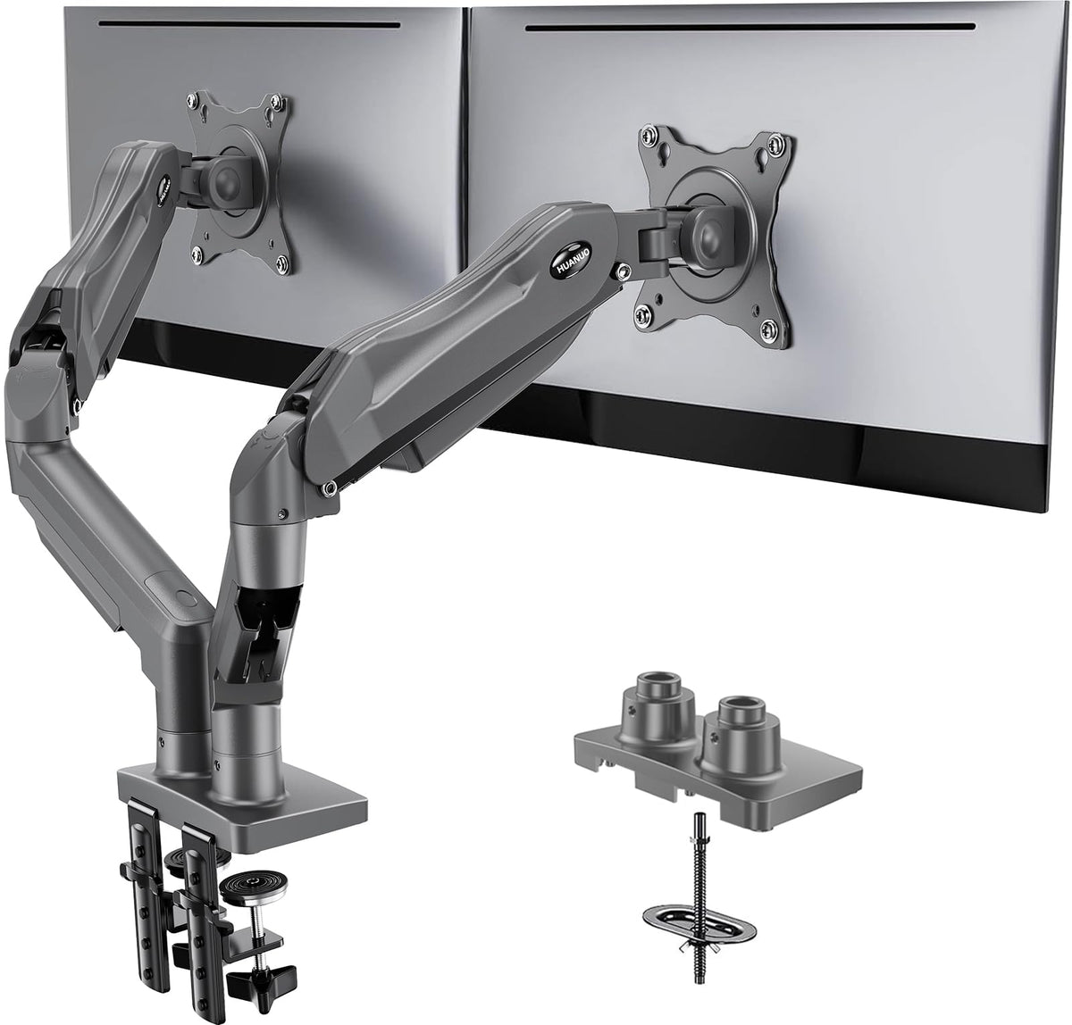 HUANUO FlowLift™ Dual Monitor Stand, Fully Adjustable Gaming Monitor Desk Mount for 13–32″ Computer Screens, Full Motion VESA 75x75/100x100 with C-Clamp & Grommet Base, Each Arm Holds 4.4 to 19.8 lbs