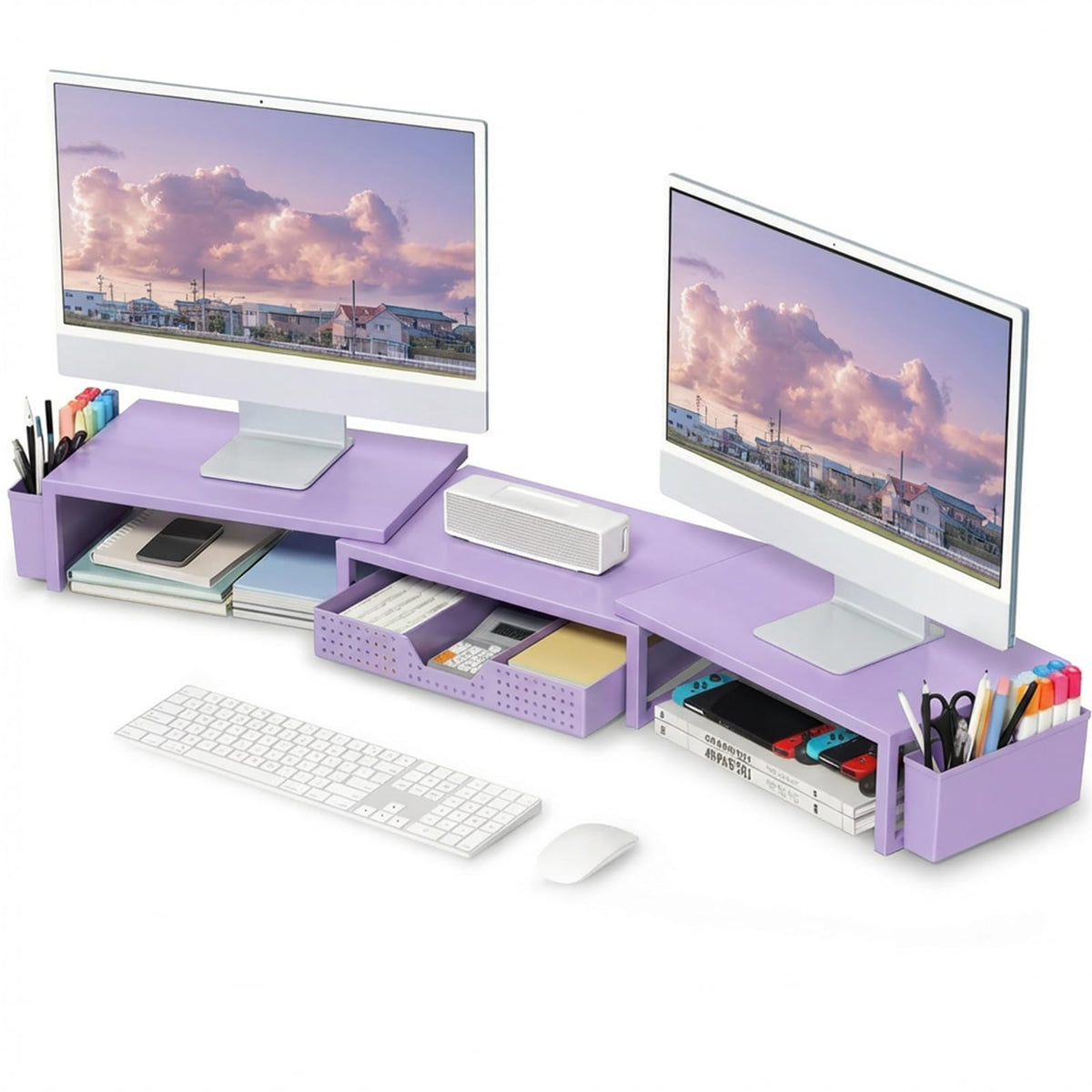 OPNICE Desk Organizers and Accessories, Dual Monitor Stand Riser with Drawer and 2 Pen Holders, Desk Shelf Computer Racks & Printer Stand for Office Workspace Organizers, Desktop Organization (Black)
