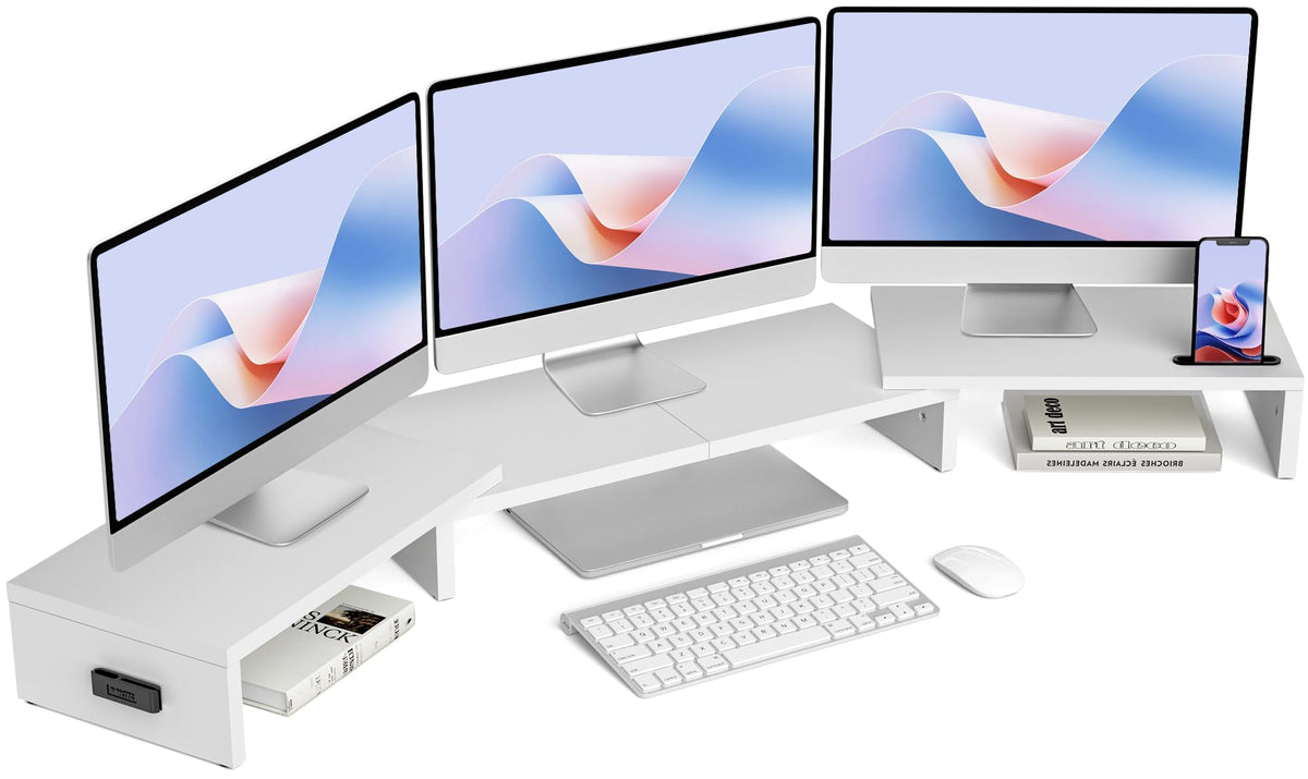 BONTEC Dual Monitor Stand Riser, Adjustable Length & Swivel Angle, White