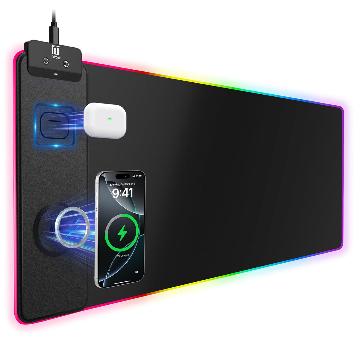XXL Mouse Pad with Phone Holder - Black, RGB Desk Mat with 15W Fast Charging, LED Gaming Mousepad with 11 Light Colors, Waterproof Non-Slip Pad for Office & Home (Black with PD Adapter)