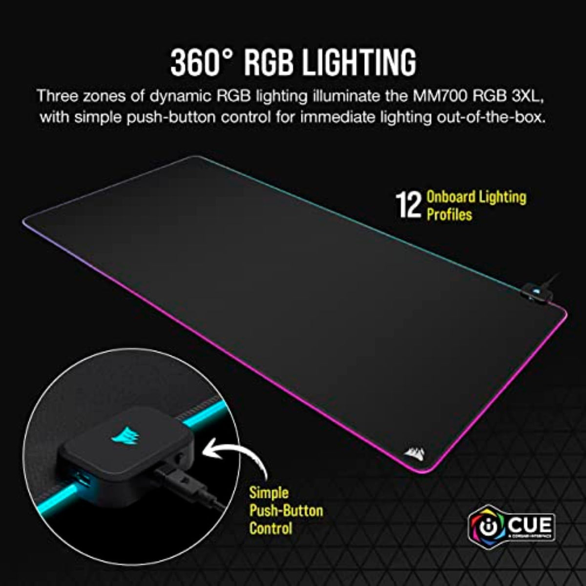 Corsair MM700 RGB Extended 3XL Cloth Gaming Mouse Pad/Desk Mat - Massive 1,220mm x 610mm (48” x 24”) Cloth Surface, 360° Three-Zone RGB Lighting, Two USB Ports - Black