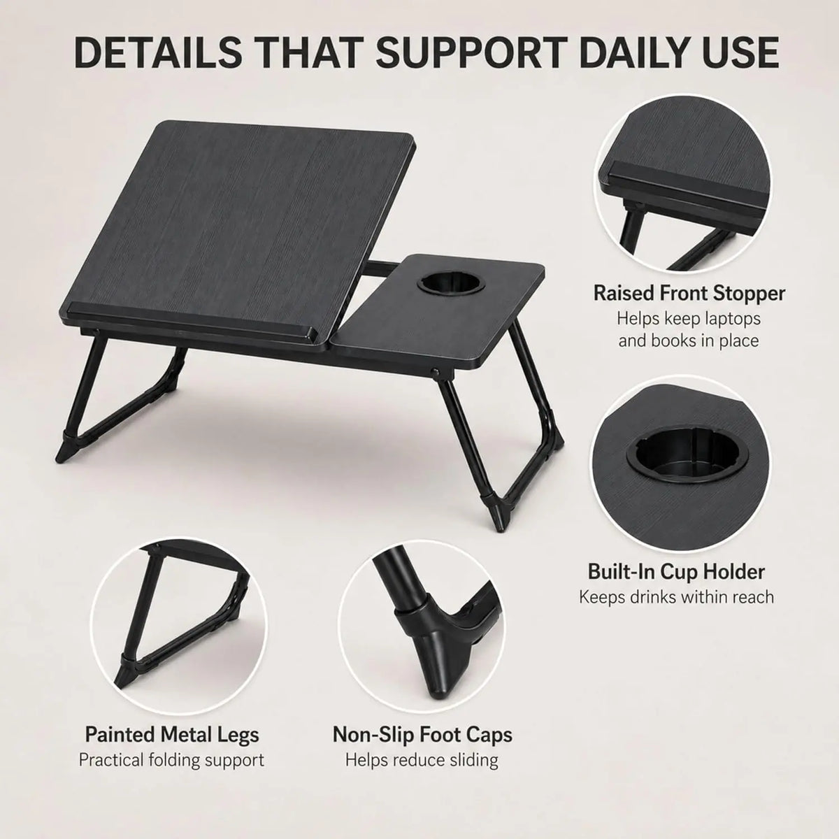 Adjustable Laptop Desk for Bed, Split Top with Cup Holder, Black