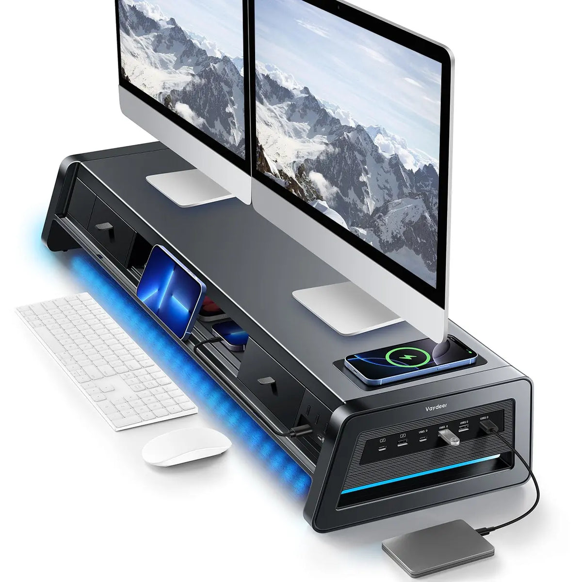 Vaydeer Metal Dual Monitor Stand Riser - 110lb Capacity Monitor Mount with 8 USB Ports, Wireless Charge Pad, 2 Storage Drawers, Desk Organizer, Ergonomic Durability, LED Lighting for Office Setup, PC Accessories, Desk Accessories