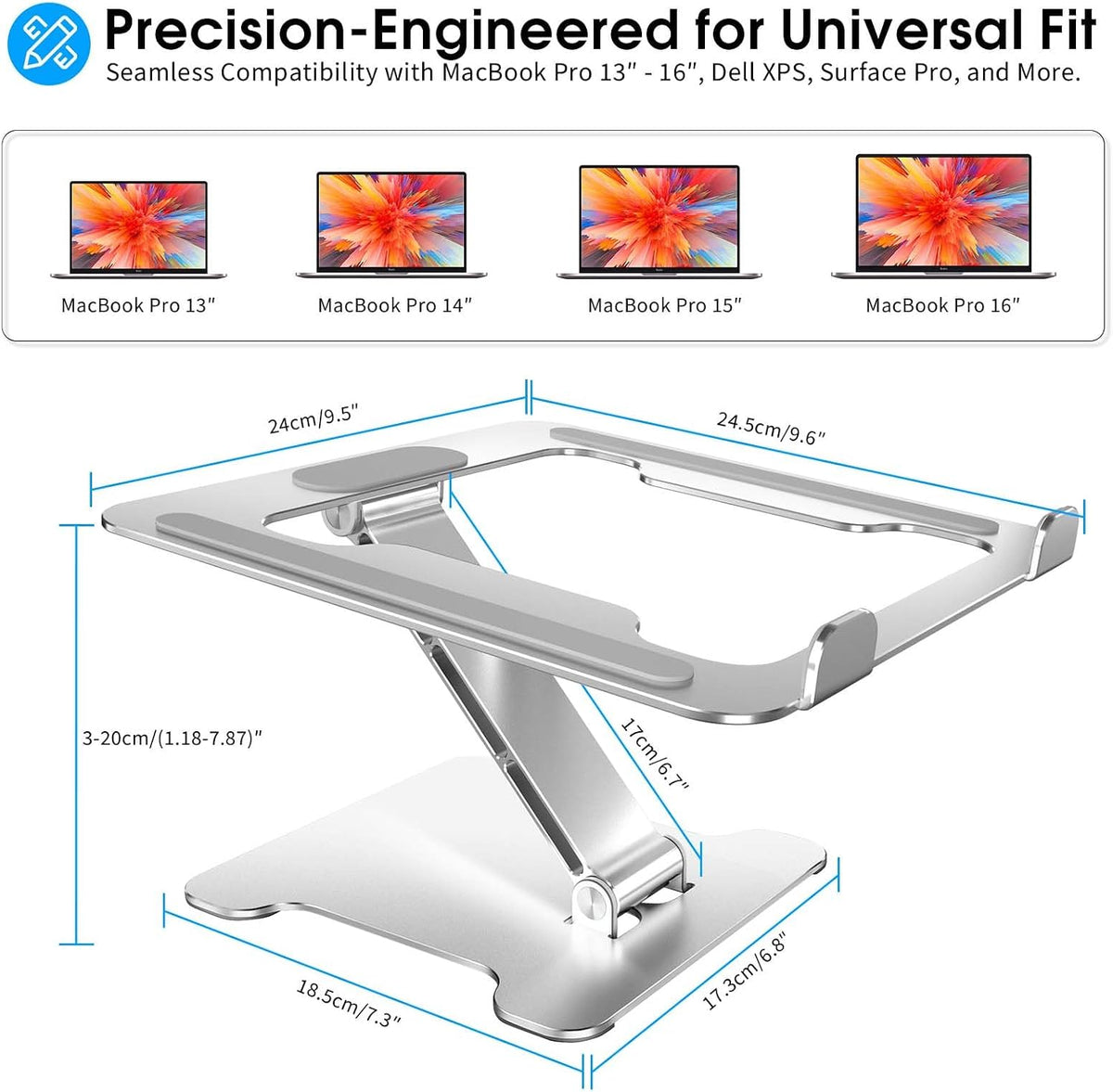LRLKFX Laptop Stand Portable Foldable Aluminum Laptop Riser Height Adjustable Ergonomic Holder for Desk Compatible with MacBook Air Pro, Dell, HP, Lenovo & More 10-15.6" - Silver