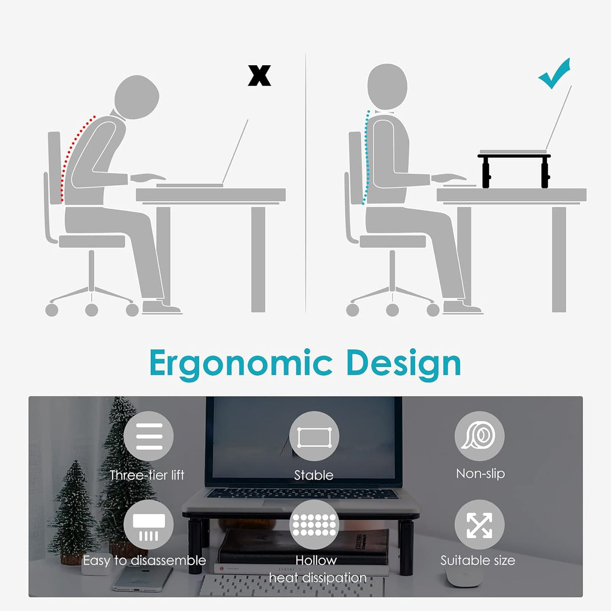 LOTEYIKE 2 Pack Monitor Riser Desktop Stand 3 Height Adjustable