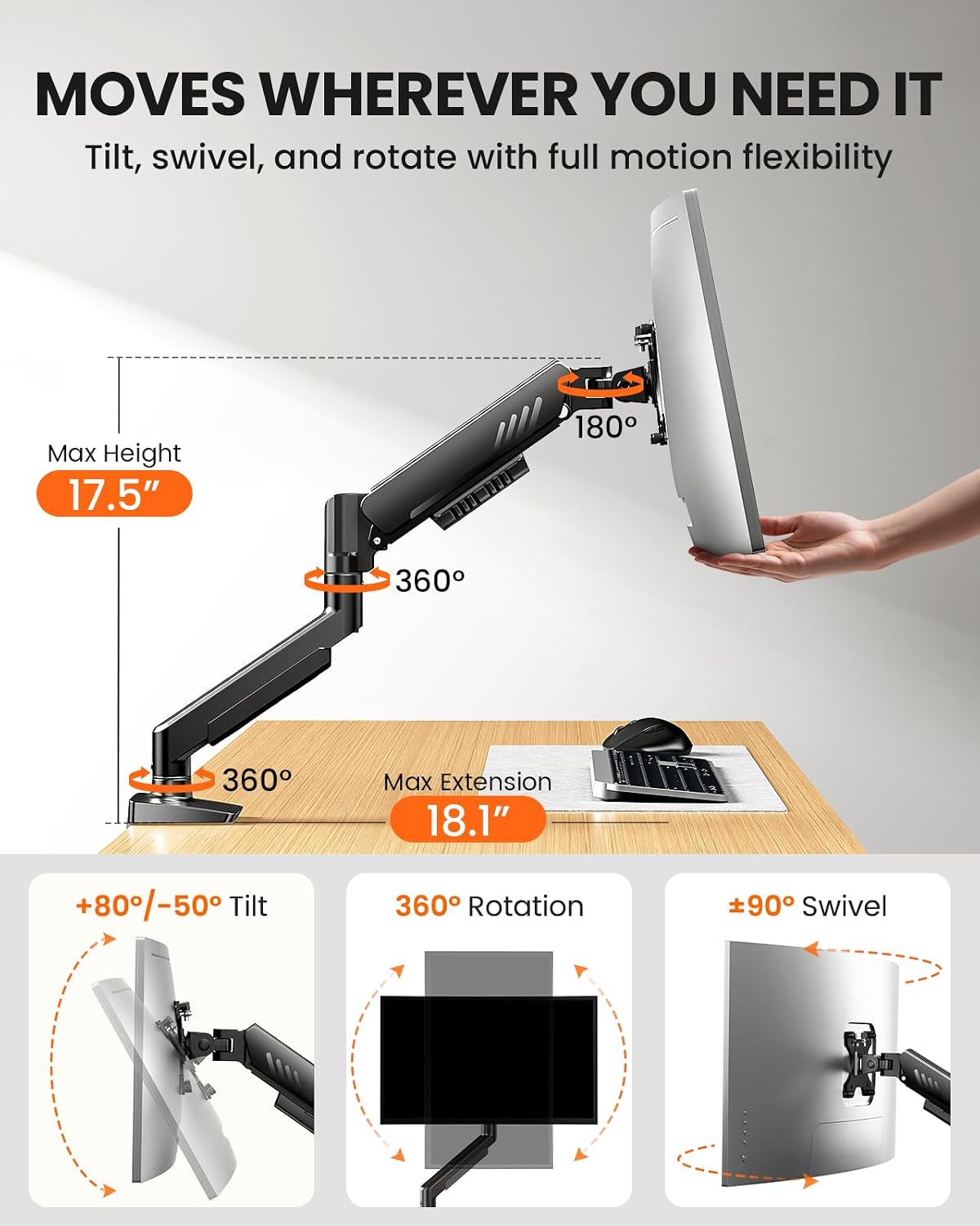 ErGear Single Monitor Arm, Fully Adjustable Monitor Mount for 13–34 Inch Screens, Fast Install Computer Monitor Stand with Tool-Free VESA Mount, Cable Management, Holds 19.8 lbs