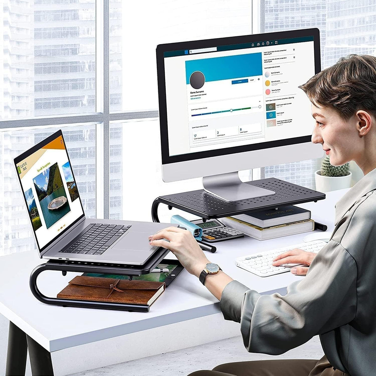 HUANUO Monitor Riser for Desk, Laptop Stand with Vented Steel Shelf, Black