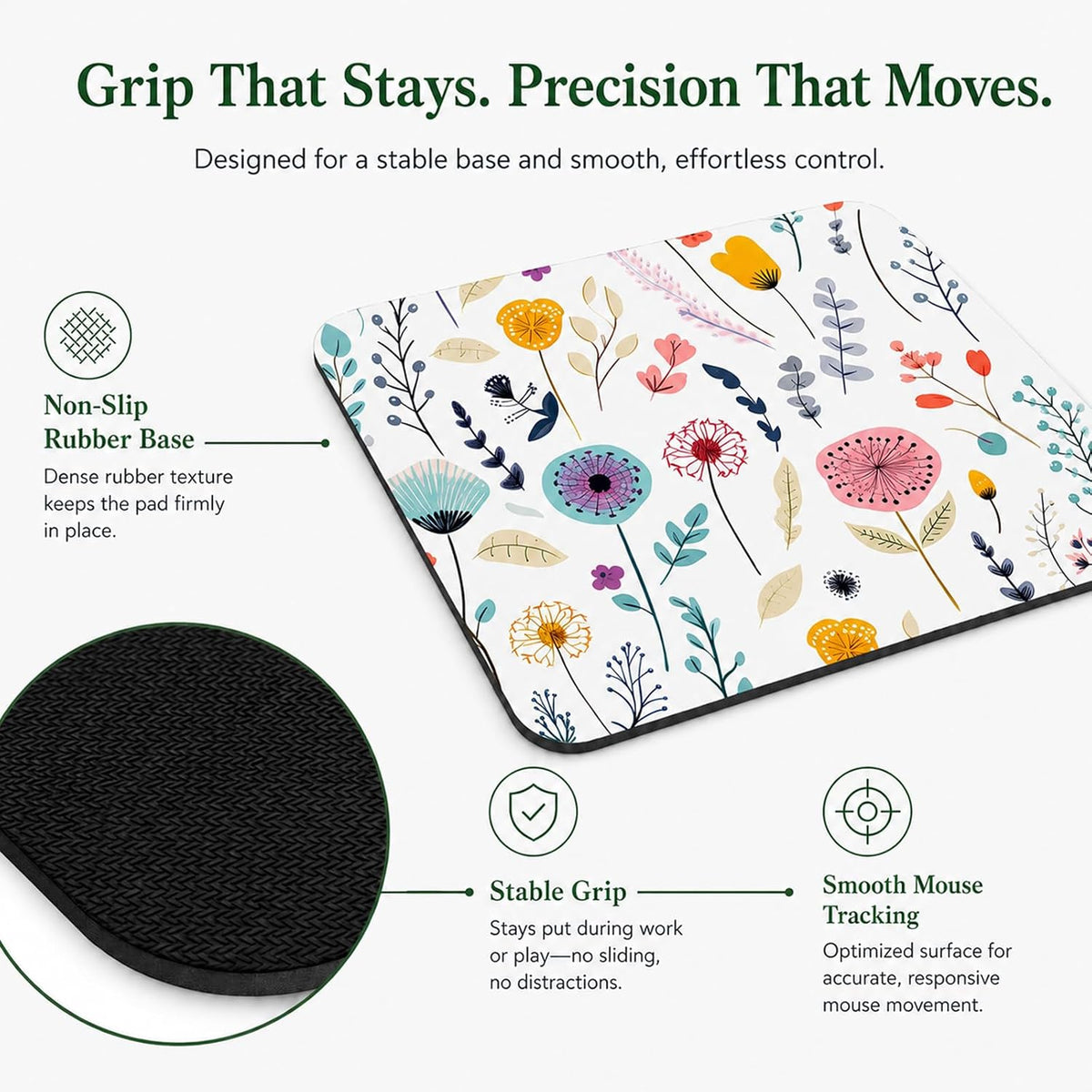 3 Pcs Vintage Flower Mouse pad,7.87×9.45 in Washable Square Desk Pad,Anti-Slip Rubber Base,Cute Floral Laptop Mat for Home Office Use