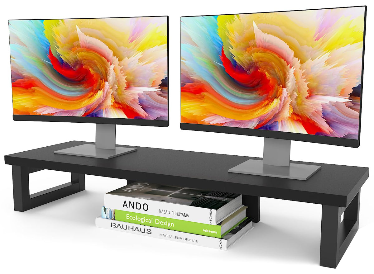 WESTREE Dual Monitor Stand Riser, Wood and Steel Multi-Purpose Desktop Storage Stand for 2 Monitors for Computer, Laptop, Printer, TV, Rustic Brown