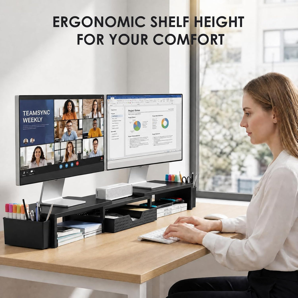 OPNICE Desk Organizers and Accessories, Dual Monitor Stand Riser with Drawer and 2 Pen Holders, Desk Shelf Computer Racks & Printer Stand for Office Workspace Organizers, Desktop Organization (Black)