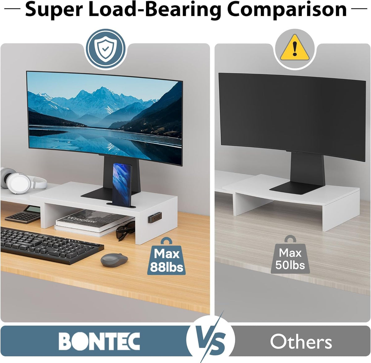 BONTEC Dual Monitor Stand Riser, Adjustable Length & Swivel Angle, White