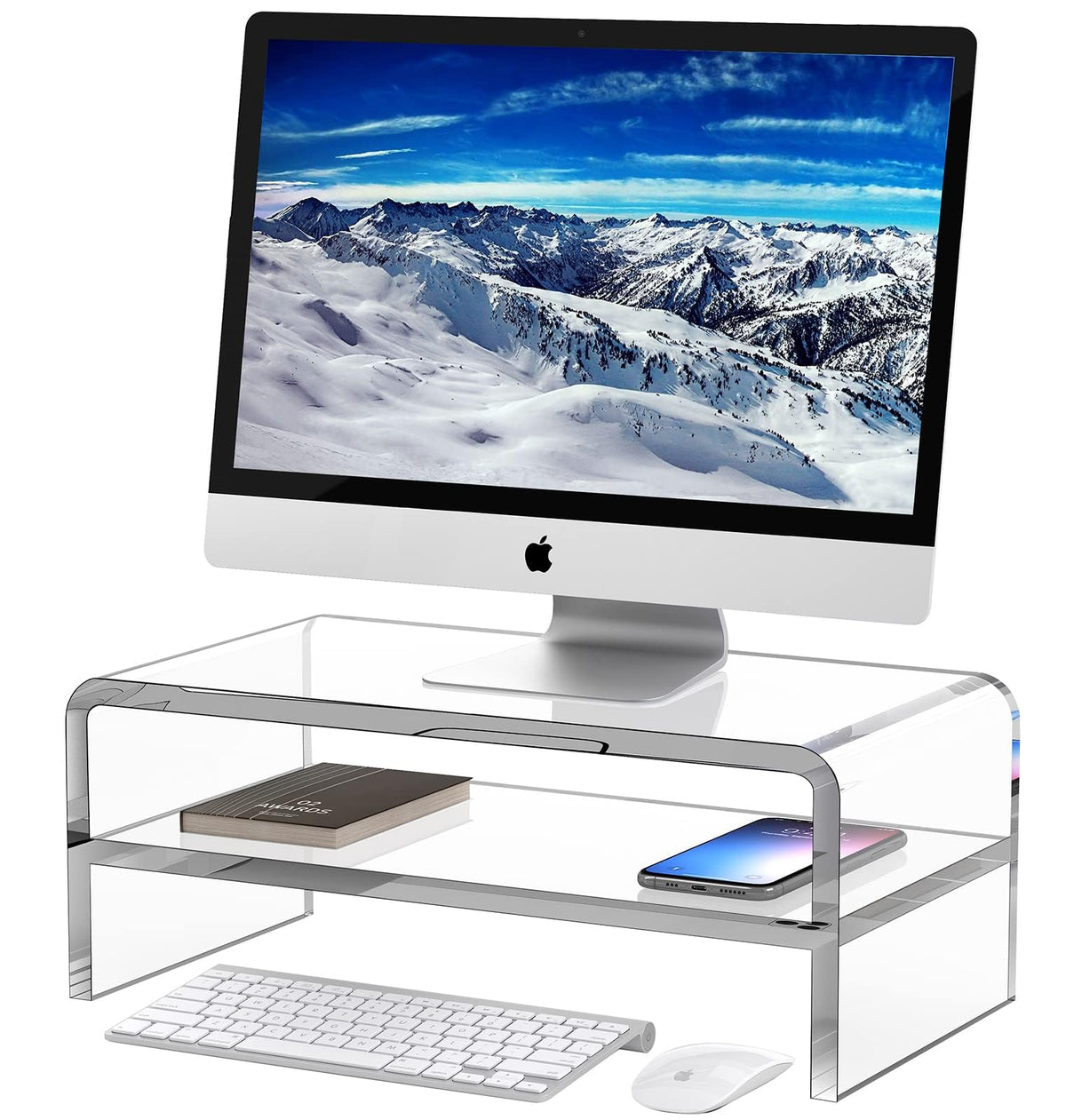 Egchi Clear Acrylic Monitor Stand Riser 2 Tier, 5.12 Inches High Clear Computer Desk Organizer Shelf for Multi Media PC Storage Laptop