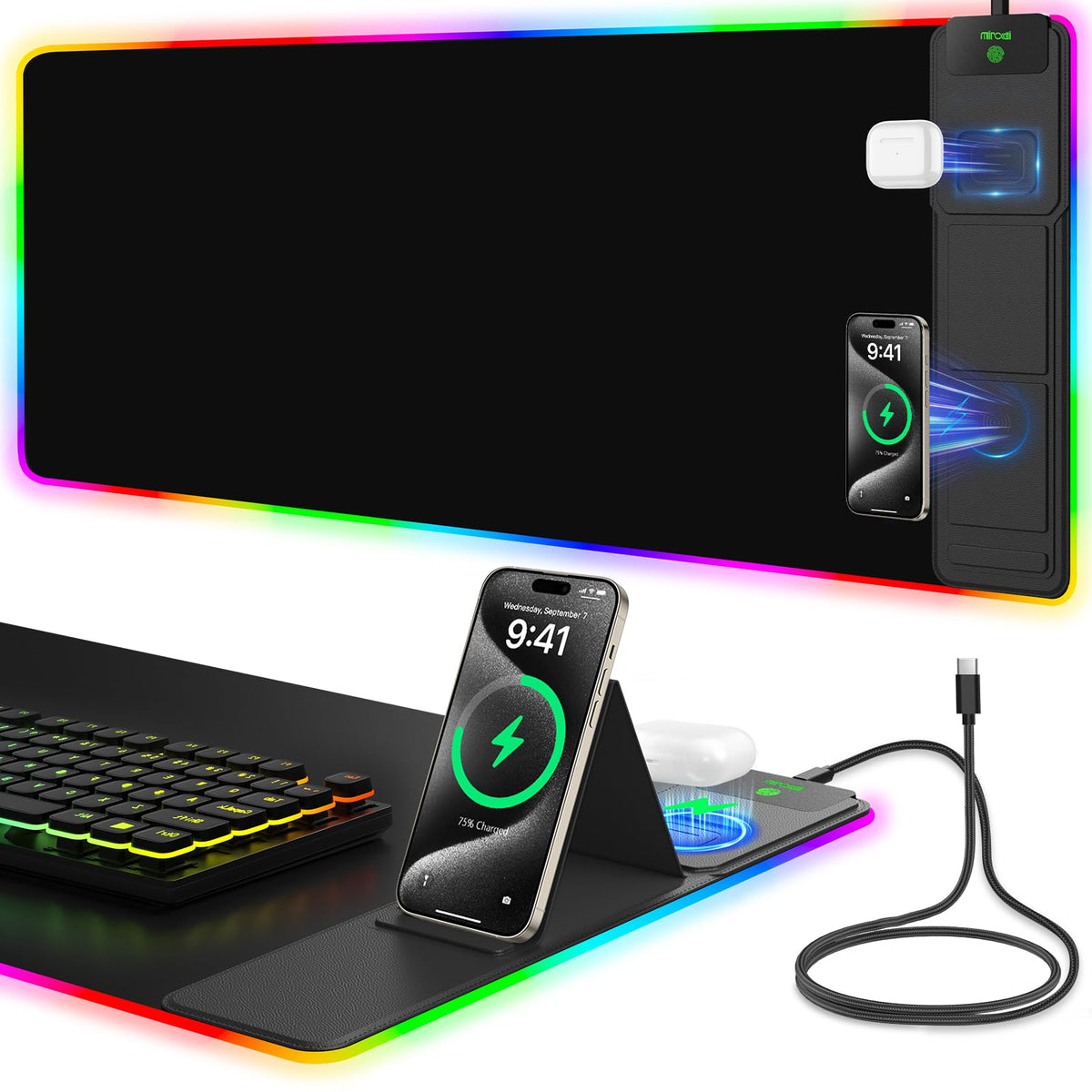 Wireless Charging RGB Mouse Pad with Phone Stand, Large Gaming Desk Mat